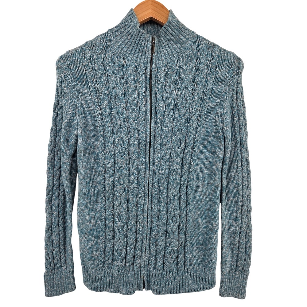 LL Bean Womens Cable Knit‎ Full Zip Mock Neck Sweater Blue Casual M